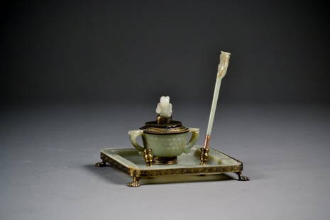 Chinese Ming two handled cup: Chinese Ming two handled cup (converted into ink well), Ming dynasty pen on a Ching dynasty green jade tray, sitting on a brass footed stand. Size: Tray = 6" wide x 6 1/8" wide, Pot = 3 3/4" Tall x 4"