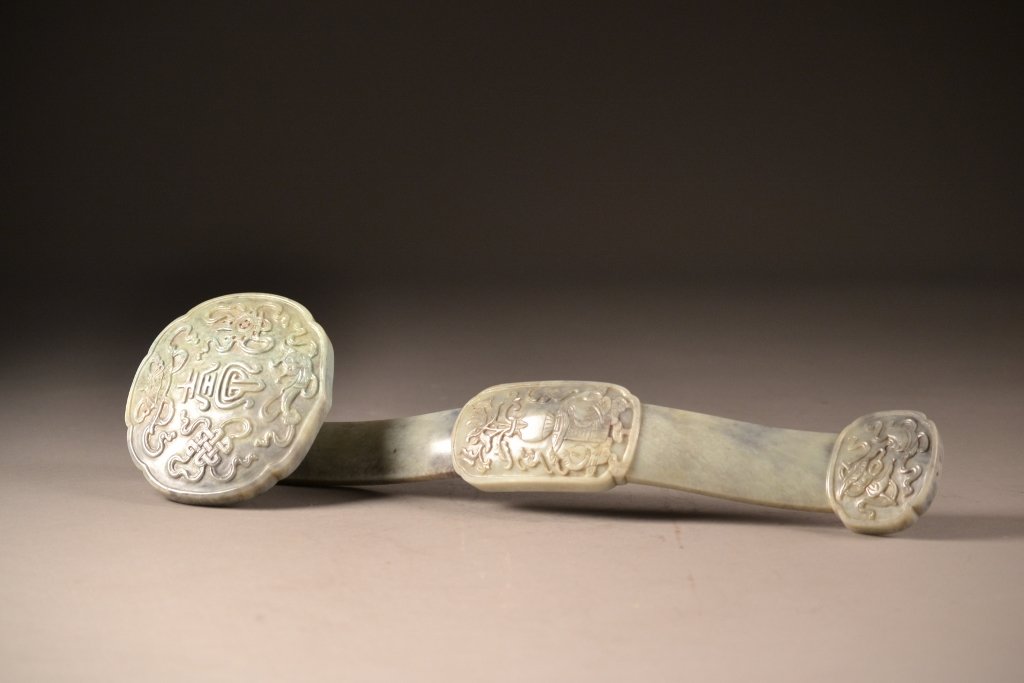 Chinese Jade Ruyi sceptre. Outstanding quality dee: Chinese Jade Ruyi sceptre. Outstanding quality deep carving. Size: 17" long x 4 7/8 " wide