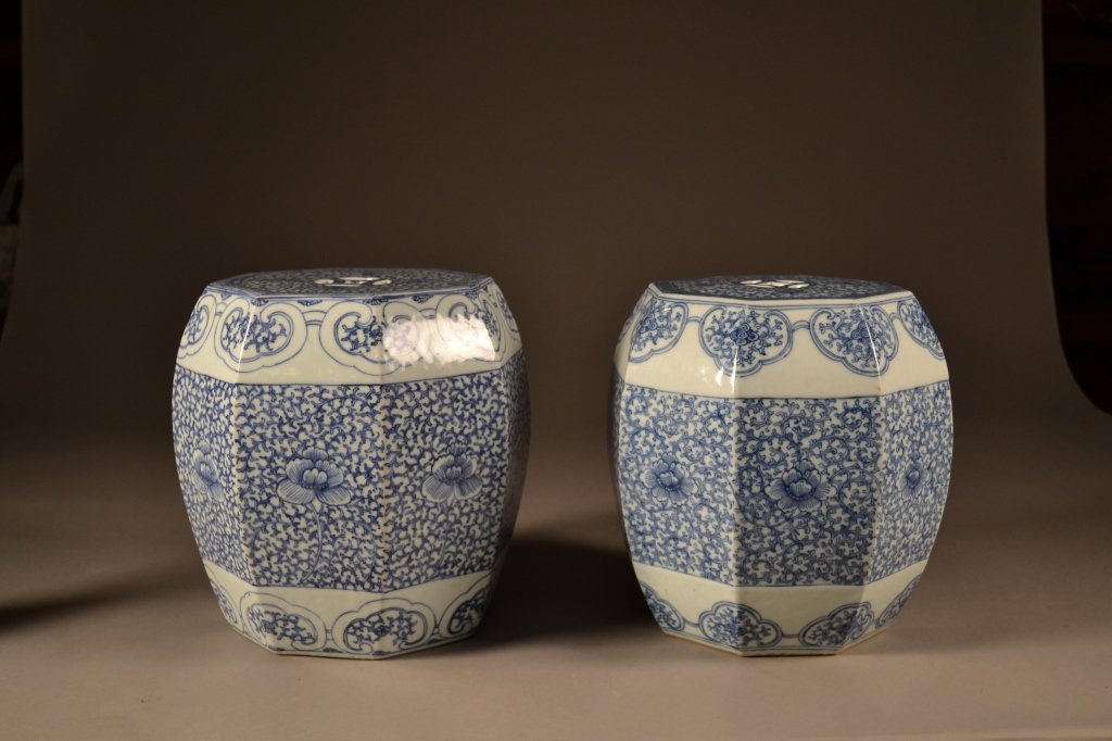 A pair of Blue/White Chinese Garden Seats: Wonderful pair of Chinese blue and white porcelain garden stools. Featuring a very intricate design. The size is 9.5" x 9.5".