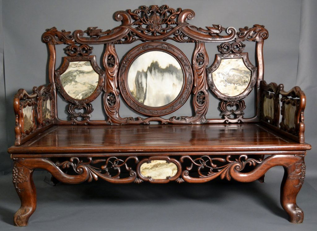 19c Chinese Hardwood Opium Bed: 19c antique chinese hardwood opium bed. Very highly carved with great detailing, featuring birds and fruit. Outstanding framed naturally artistic marble inserts . H 63" x W 77" x D 49"
