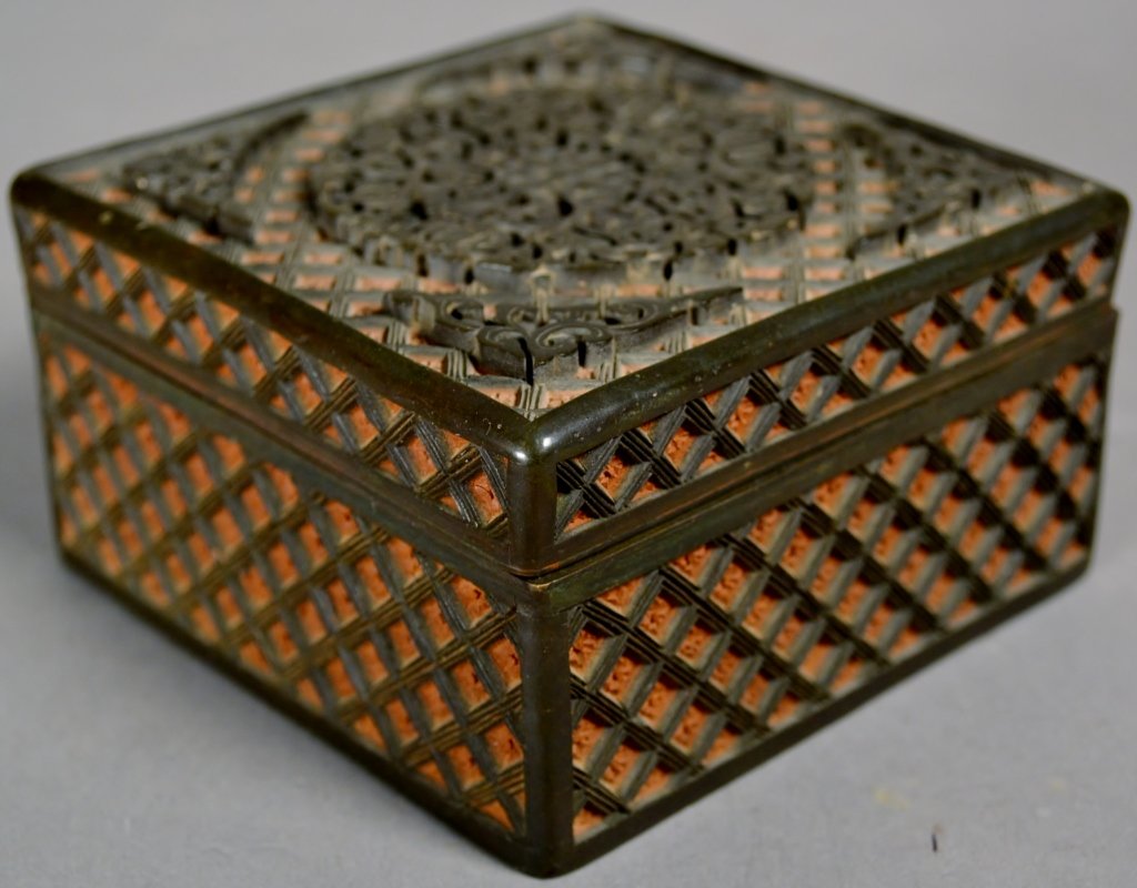 Antique 19c Cinnabar Box: Fantastic Design, deeply carved. Red and Black cinnabar box. The size is 4 X4X 2 1/4".