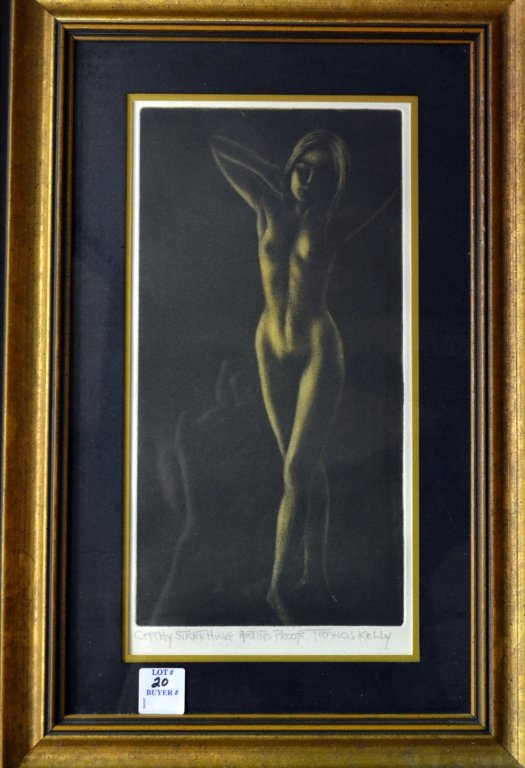 Etching by Francis Robert Kelly (1927 - ): Artist's Proof, titled "Cathy Stretching", signed and titled in pencil, in gilted wood frame. Measures 19 1/4" x 13 1/2" including frame.