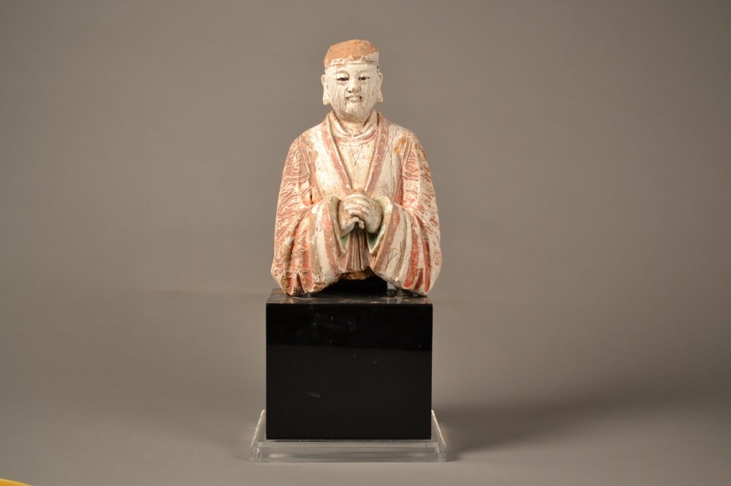 Antique Chinese Terracotta Man: Tang/Ming Dynasty terra cotta man on museum base. 15 1/2" x 7".