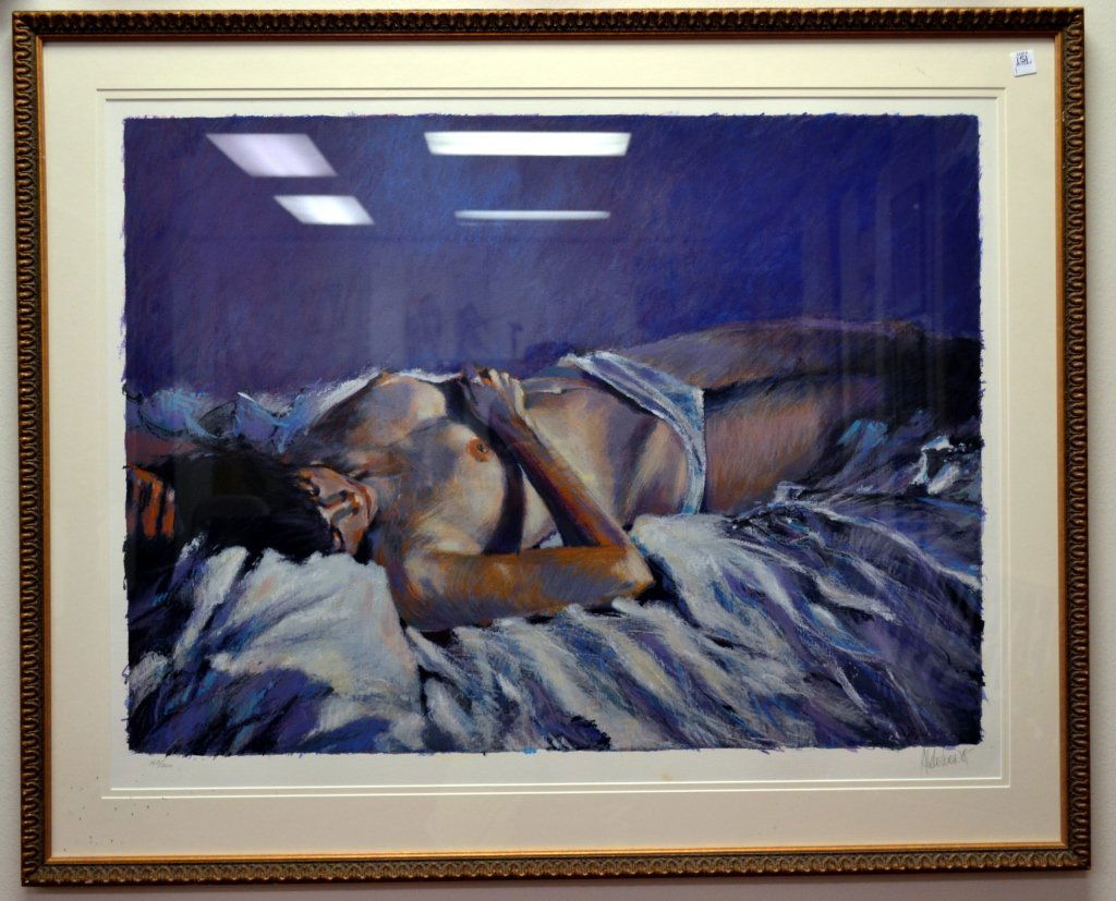 Print by Aldo Luongo (1940 - ): Print by Aldo Luongo, depicting nude lady reclining. Hand signed and numbered 165/300. 46 1/2" x 38" including frame.