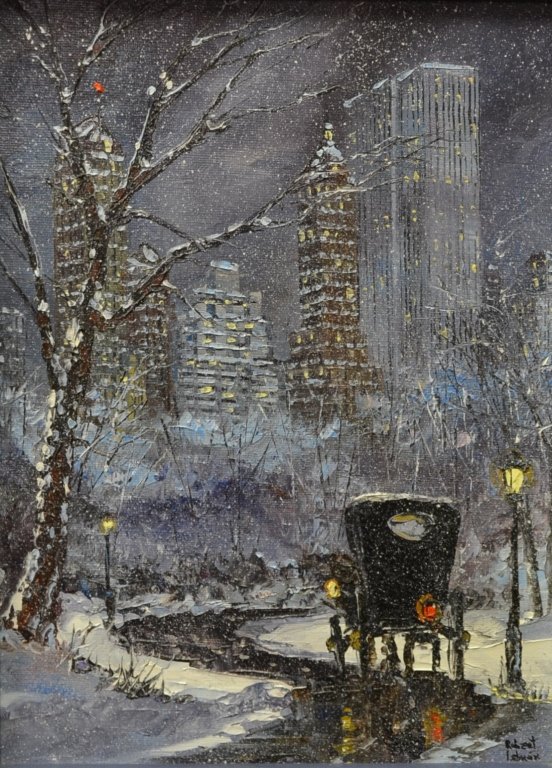 Oil Painting by Robert Lebron (1928 - ): Winter scene of a city by Robert Lebron, signed lower right. 13" x 10" including frame.