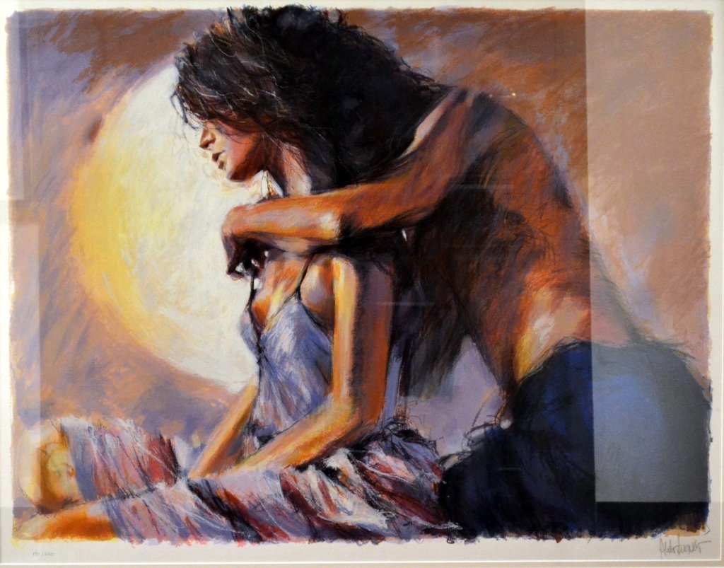 Print by Aldo Luongo (1940 - ): Print by Aldo Luongo depicting two lovers. Hand signed and numbered 151/350. 43 1/2" x 36" including frame.