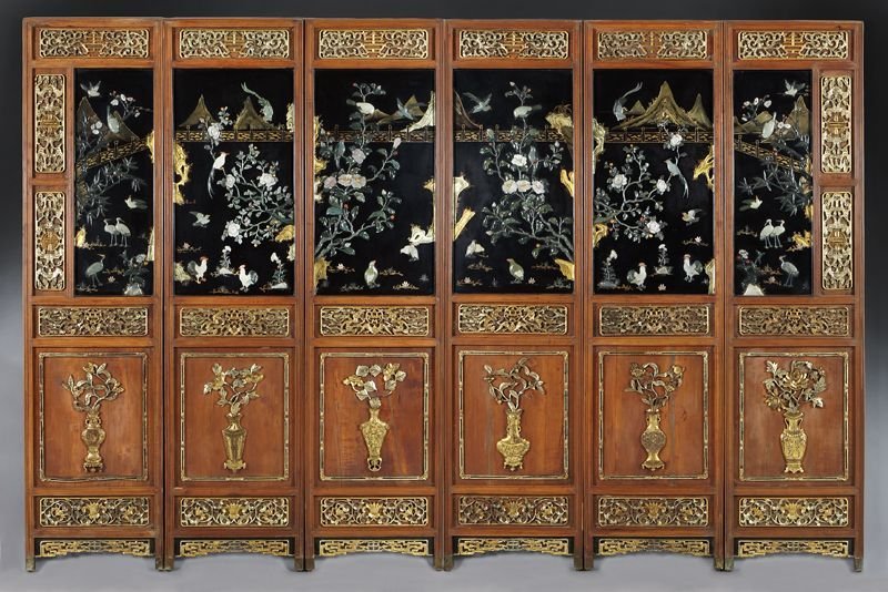 Chinese Jade Stone Six-Panel Screen: Chinese jade stone six-panel screen. Exquisite workmanship with superb attention to detail. 85 1/4" tall x 127 1/2" long.