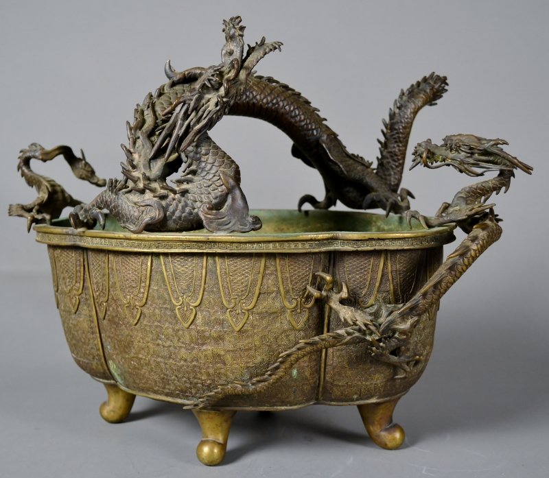 Meiji Period Bronze: Stunning Meiji(or possibly Edo)-period bronze with three dragons, very finely cast. Seal mark to base, beautifully detailed. 18" wide x 13 1/2" tall. A lovely item.