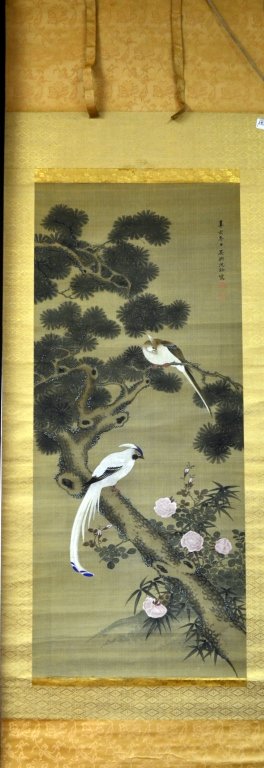 Old Chinese Painted Scroll Ivory Ends.: Lovely Chinese scroll depicting birds and trees, in deep, rich colors. Ivory scroll ends. 81" x 26".