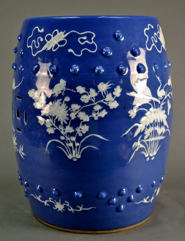 Antique Chinese Blue & White Garden Seat: Antique Chinese Blue & White Garden Seat. Beautiful colors. Measures 18 3/4" tall x 15" wide.