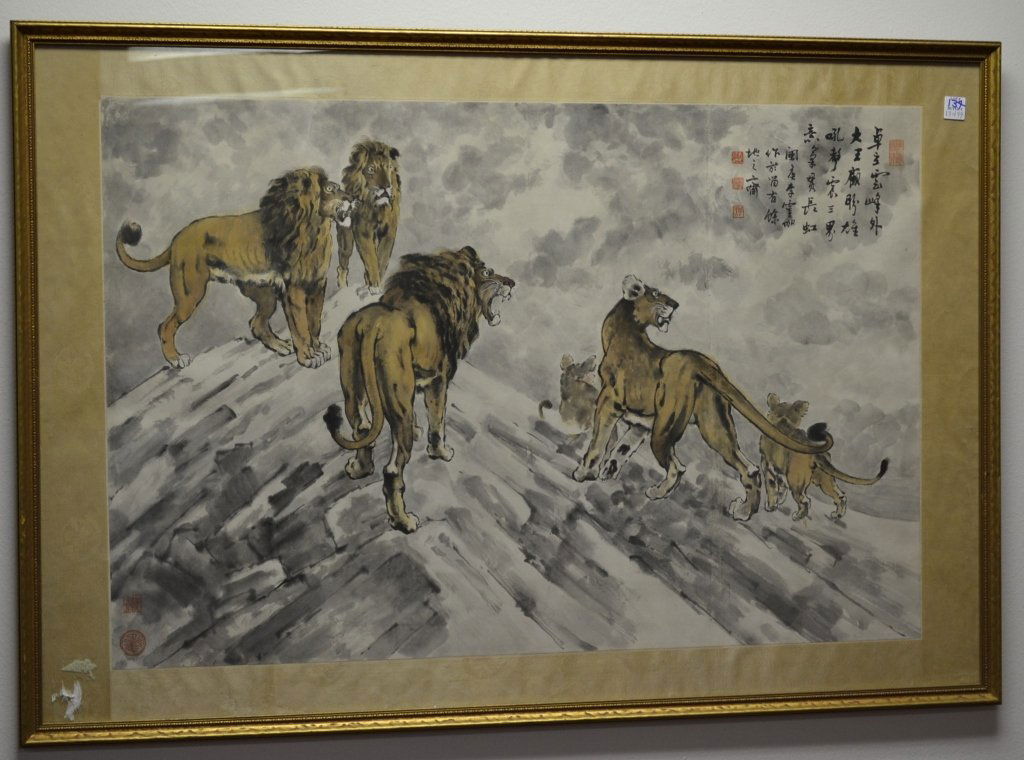 Watercolor by Yun Jia Li - Lions: Watercolor painting by Yun Jia Li of a pride of lions on a rocky slope. Inside frame dimensions 24" tall x 36" long, frame dimensions 30 1/4" tall x 43 3/4" long.