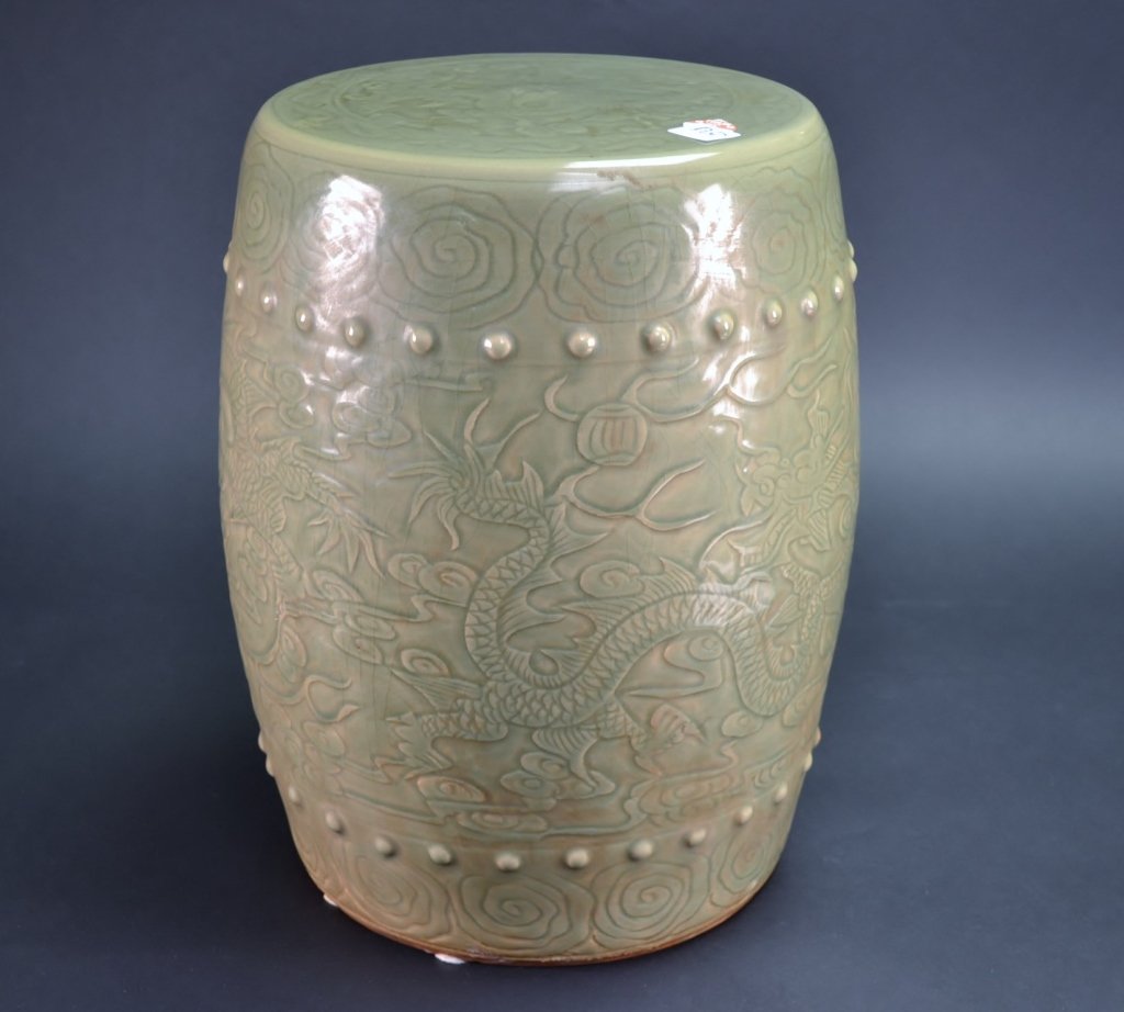 Celadon Garden Seat: Celadon garden stool. Measures 17 1/4" tall x 12"