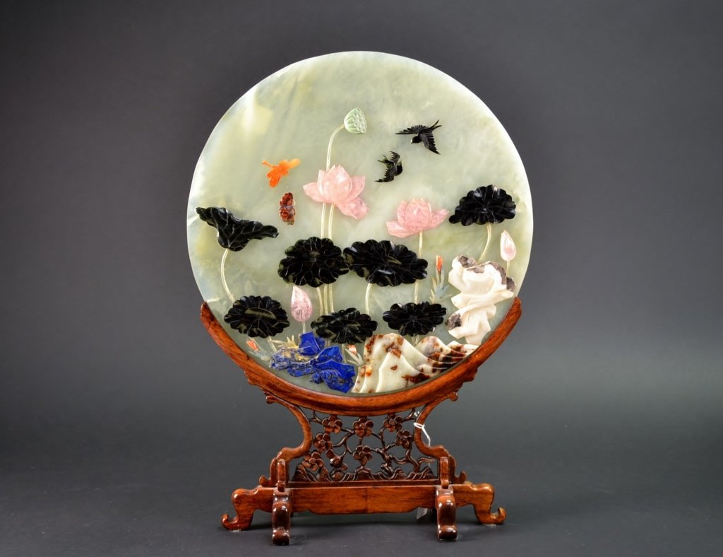 Hardstone Plaque on Carved Wooden Stand: Beautiful hardstone plaque with multi-color stones set on green hardstone, on carved wooden stand. A very nice item. Measures 14" x 14".