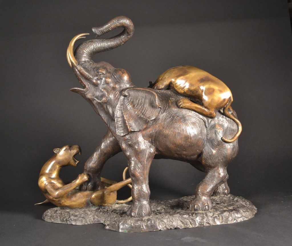 Bronze Sculpture of Tigers attacking an Elephant Bronze