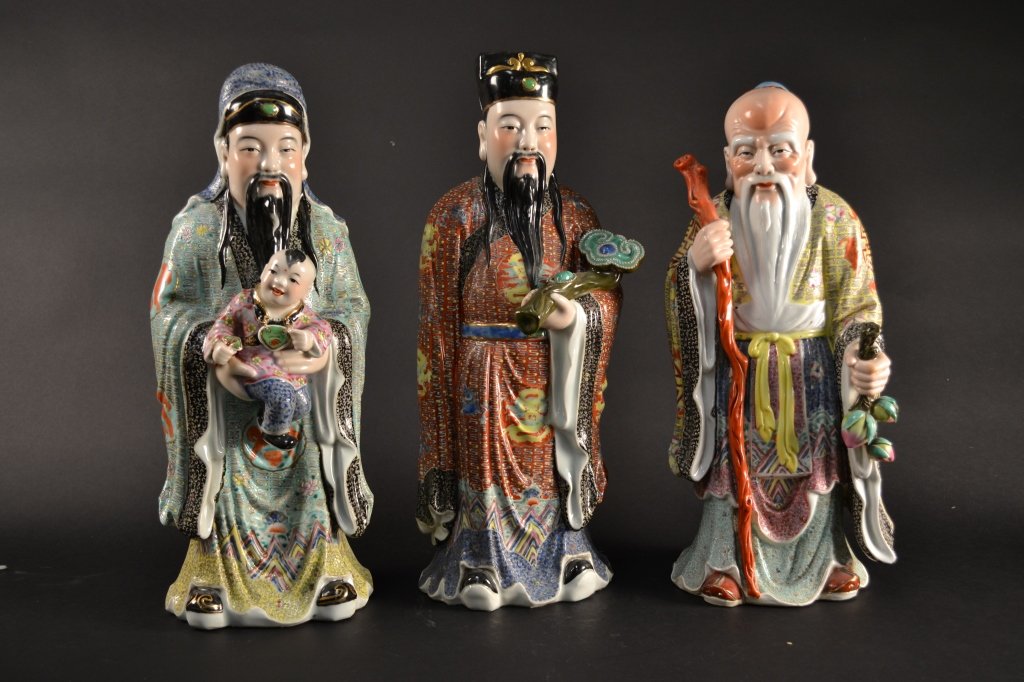 3 Chinese famille rose porcelain figures of shan xing : 3 Chinese famille rose porcelain figures of shan xing (wise men) 18" to 20" tall