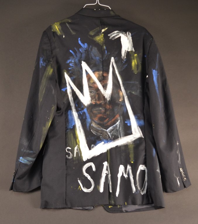 Hand painted jacket believed to be by artist Jean Mich: Hand painted jacket believed to be by artist Jean Michel Basquiat. Bears signed initials and drawing hidden inside of lining.