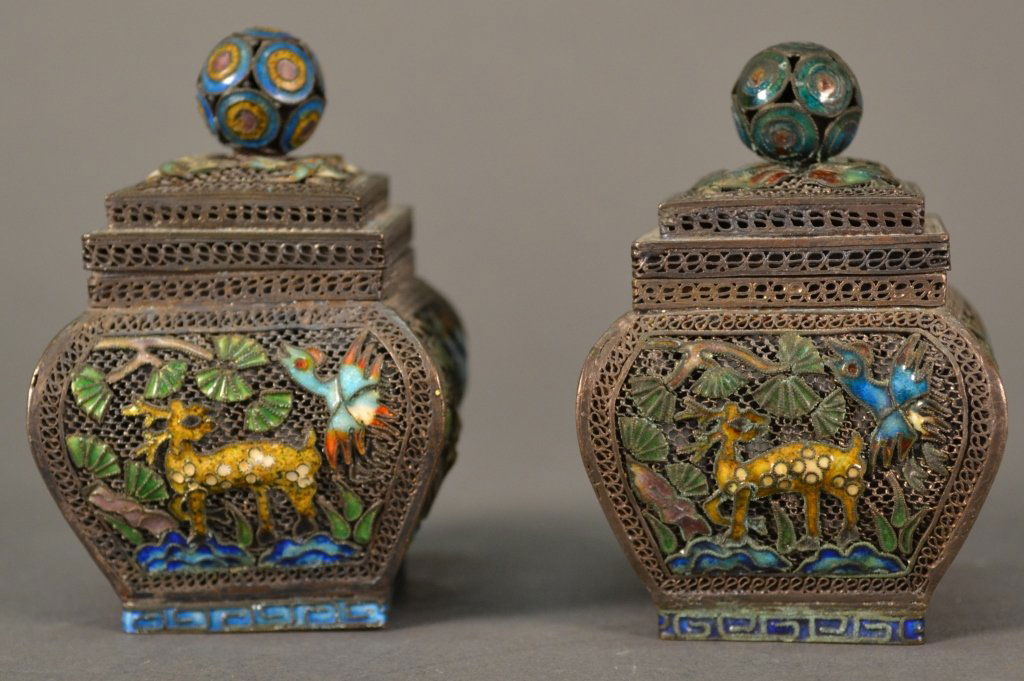 A Pair of Silver Enamel Filigree Boxes size: 2.5" tall: size: 2.5" tall