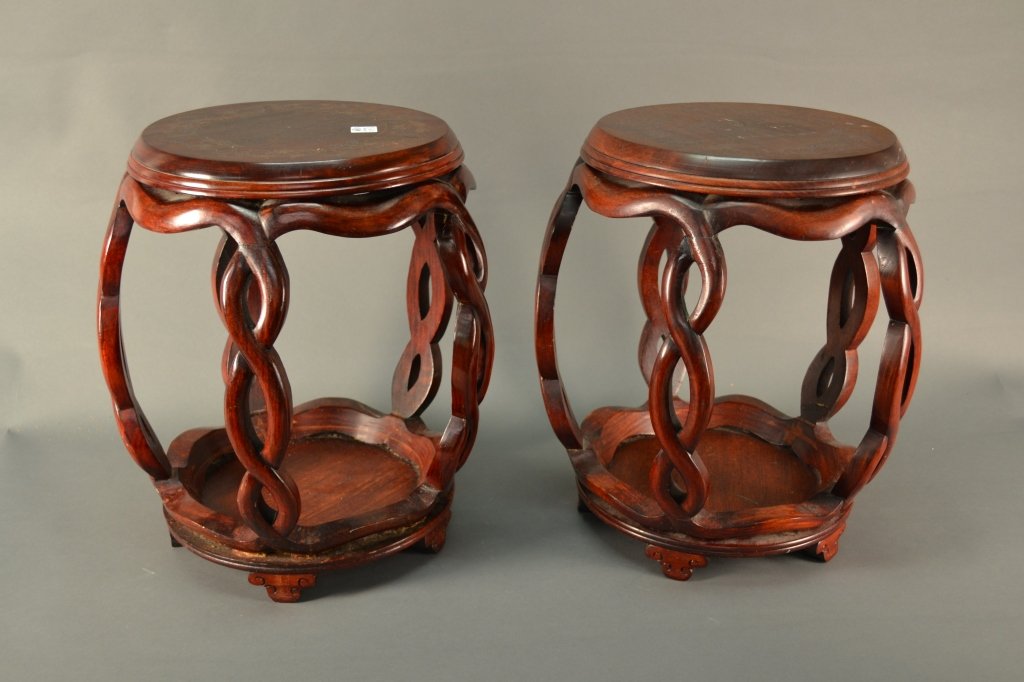 A Pair of Chinese Carved Wooden Stools size: 17.5" tall: size: 17.5" tall
