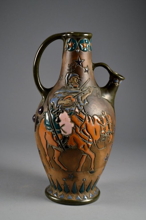 Amphora Glazed Pottery Urn "Man on Horseback" 14" tall: 14" tall x 7" wide