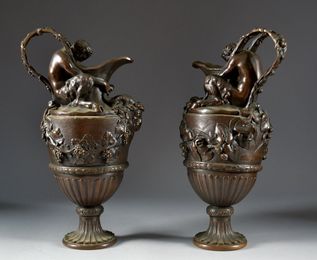 Pair of Bronze European Urns 18" tall