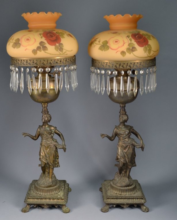 Pair of Duplex Double Wick Oil Lamps Gone with the Wind: Gone with the Wind Lamps on beautiful metal bases. 32" T
