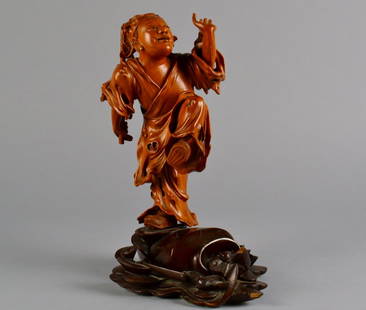 Antique Chinese Boxwood Carving - Man standing: Fine carving of a Man standing on a vase with bats. Size : 10 1/2" T