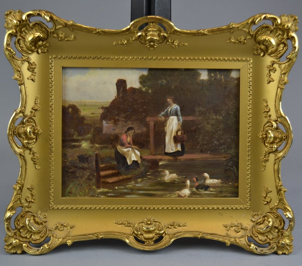 CONTINENTAL SCHOOL (19th Century) Two Ladies Feeding: (19th Century) Two Ladies Feeding Ducks at a Pond Oil on board Size: 11 3/4" length x 10" width