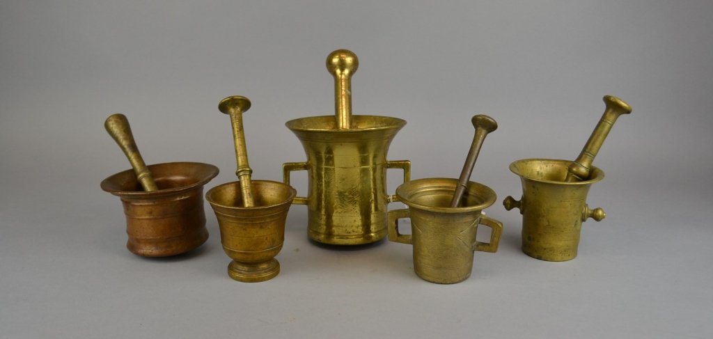 (5)  Antique Brass Mortar & Pestles A set of five and (1 of 4)
