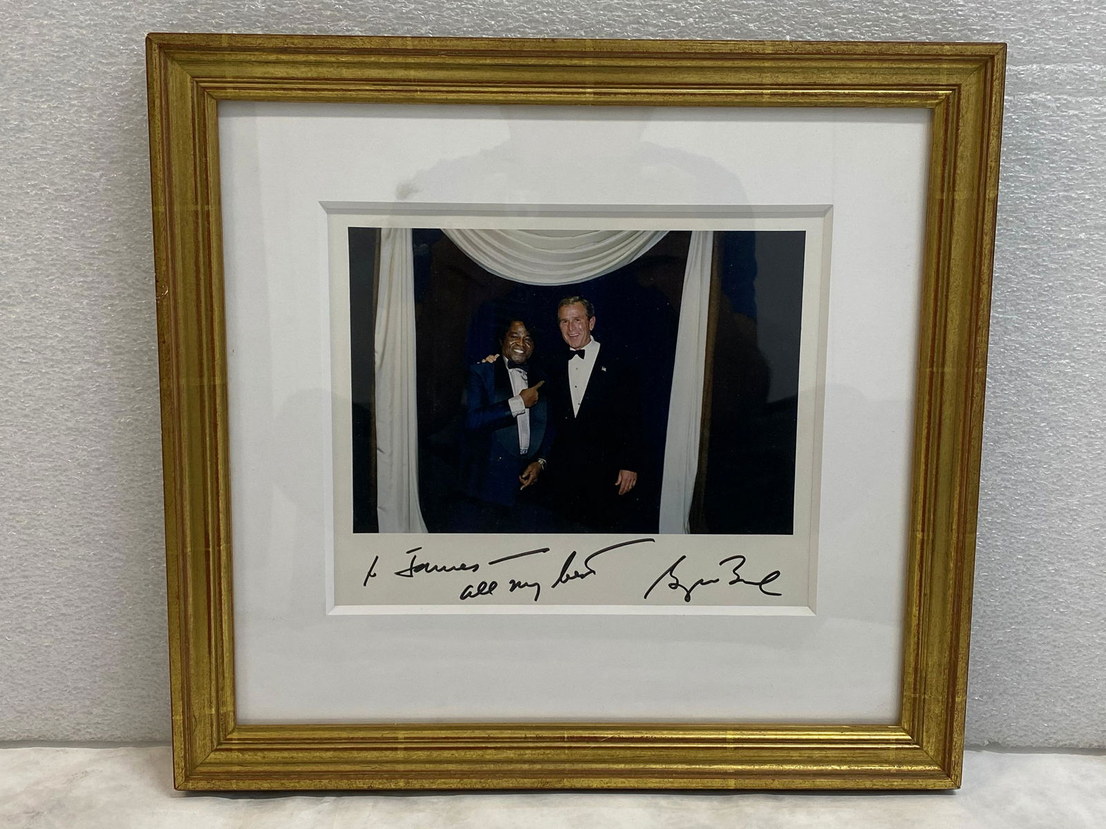 James Brown and George Bush Framed Photograph,: James Brown and George Bush Framed Photograph, Autographed by both in black pen; Gold Frame H 13 1/2" x W 14 1/2" x D 1"