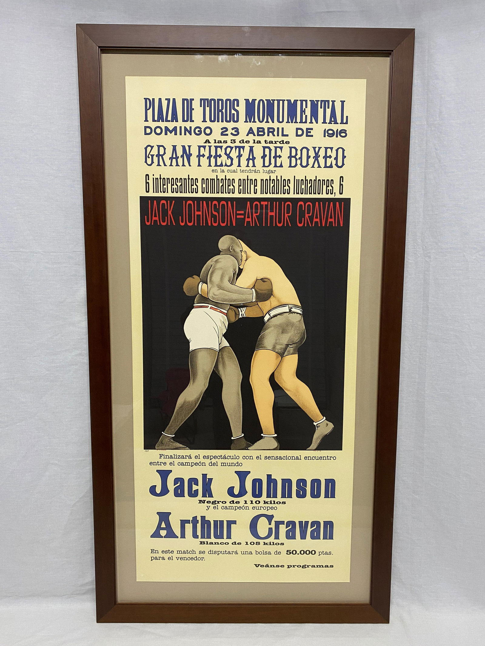 Vintage Boxing Poster of Jack Johnson 1916 Program: Vintage Boxing Lithograph Poster of Jack Johnson vs. Arthur Cravan April 23, 1916 Fight; Recreation (lithograph) by Re Society, LTD, Certificate of Authenticity included, D. Copson (Recreator) S2 98 (