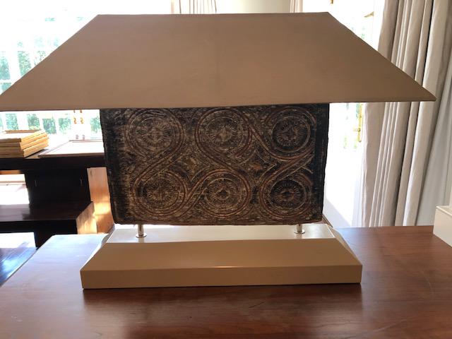 Antique Javanese Pair of Lamps (one broken at bulb: Antique Javanese Pair of Lamps (one broken at bulb area)Shade 30" W x 8" HBase 23" W x 7" H
