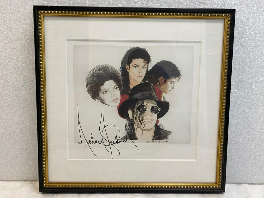 Michael Jackson 4 Home Period Portraits Signed by Brian: Michael Jackson 4 Home Period Portraits Signed by Brian Stumest, brown frame with gold detail. H 21 3/4" x W 22 3/4" x D 2"; AVAILABLE FOR LOCAL PICK UP IN IRVINE, CA