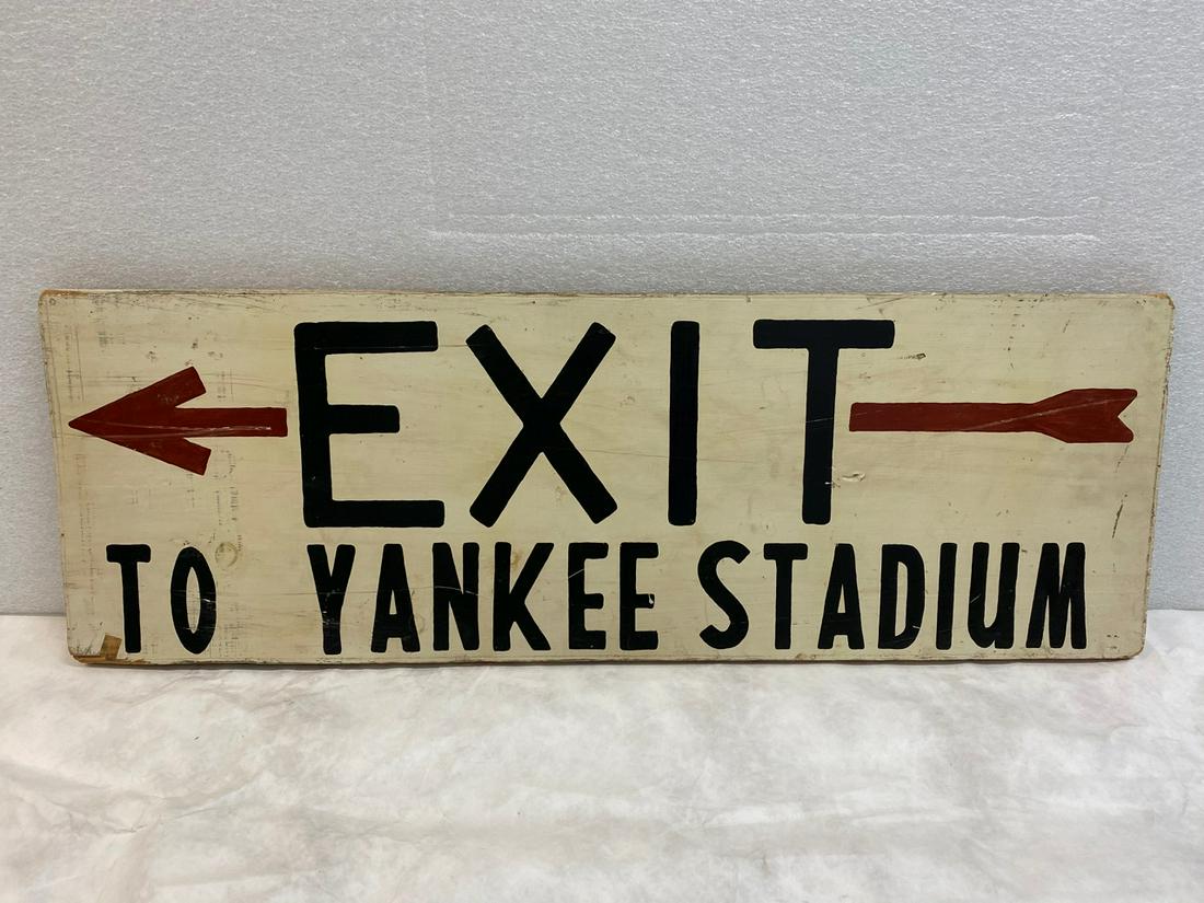 Wooden Yankee Stadium Exit Sign with arrow pointing: Wooden Yankee Stadium Exit Sign with arrow pointing left to Yankee Stadium; Sign Size: H 11" x W 32 1/2", D 1"; AVAILABLE FOR LOCAL PICK UP IN IRVINE, CA