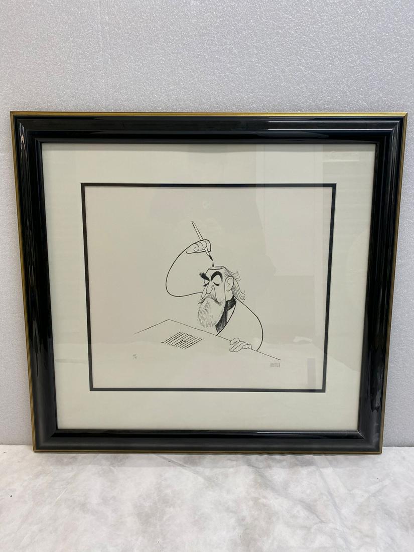 Al Hirschfeld Self-Portrait Signed Lithograph 125/195: Al Hirschfeld Self-Portrait Signed Lithograph 125/195; Black Frame with White Mat size: H 27" x W 29" x D 0.3"; AVAILABLE FOR LOCAL PICK UP IN IRVINE, CA