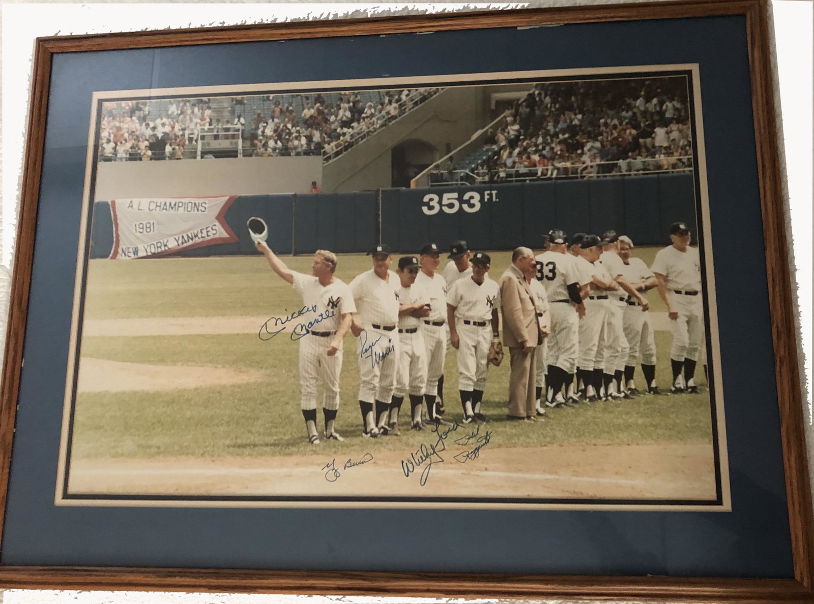 1981 Old Timers Day at Yankees Stadium Photograph: 1981 Old Timers Day at Yankees Stadium Photograph One of a Kind--poster size. Autographed by: Whitey Ford, Mickey Mantel, Roger Maris, and Phil Rizzuto; Photo taken by prominent NYC Collector Dennis S