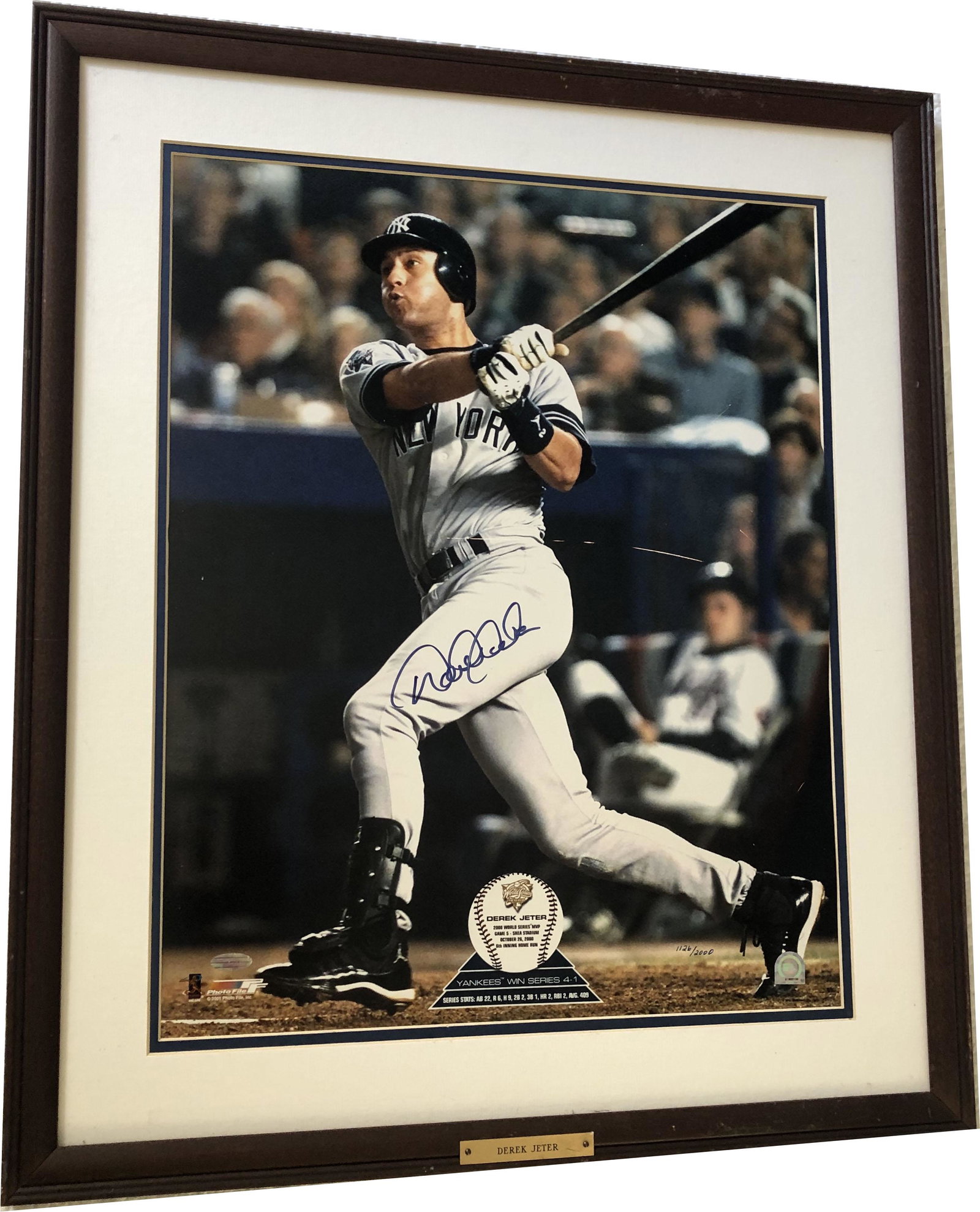 Derek Jeter Limited Edition Photo 1126/2000: Derek Jeter Limited Edition Photo 1126/2000; Derek Jetter signed photograph of his big hit in the 2000 World Series Game 5 at Shea Stadium. 6th inning home run (some scuffs on photo); AVAILABLE FOR LO