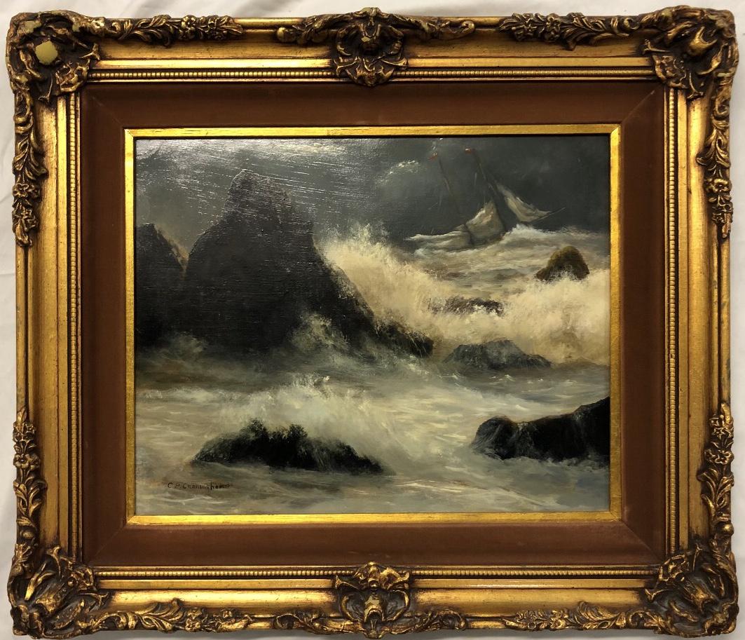 CP Cunningham 80 Original Oil on Canvas Framed: CP Cunningham 80 Original Oil on Canvas Framed; Scene: Rocks, Ocean and Waves; from the estate of a prominent Rancho Mirage CA collector; THIS LOT IS LOCATED AND SHIPPING FROM CORONA Del Mar, CA
