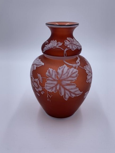 Thomas Webb & Sons Cameo Glass Vase: Thomas Webb & Sons cameo glass vase satin finish w/ white overlay flowers and vines throughout. circa 1880 (8" tall by 5" wide) ; THIS LOT IS LOCATED AND SHIPPING FROM Corona Del Mar, CA