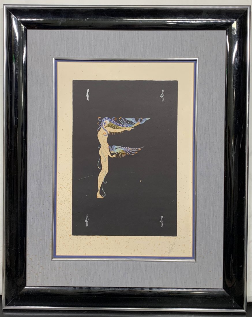 Erte Limited Edition Serigraph Signed: Erte limited edition serigraph with stains on the bottom left corner and art piece; THIS LOT IS LOCATED AND SHIPPING FROM CORONA Del Mar, CA