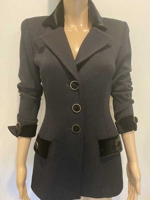 St John Black Velvet Fitted Jacket Gold Trimmed Buttons (1 of 3)