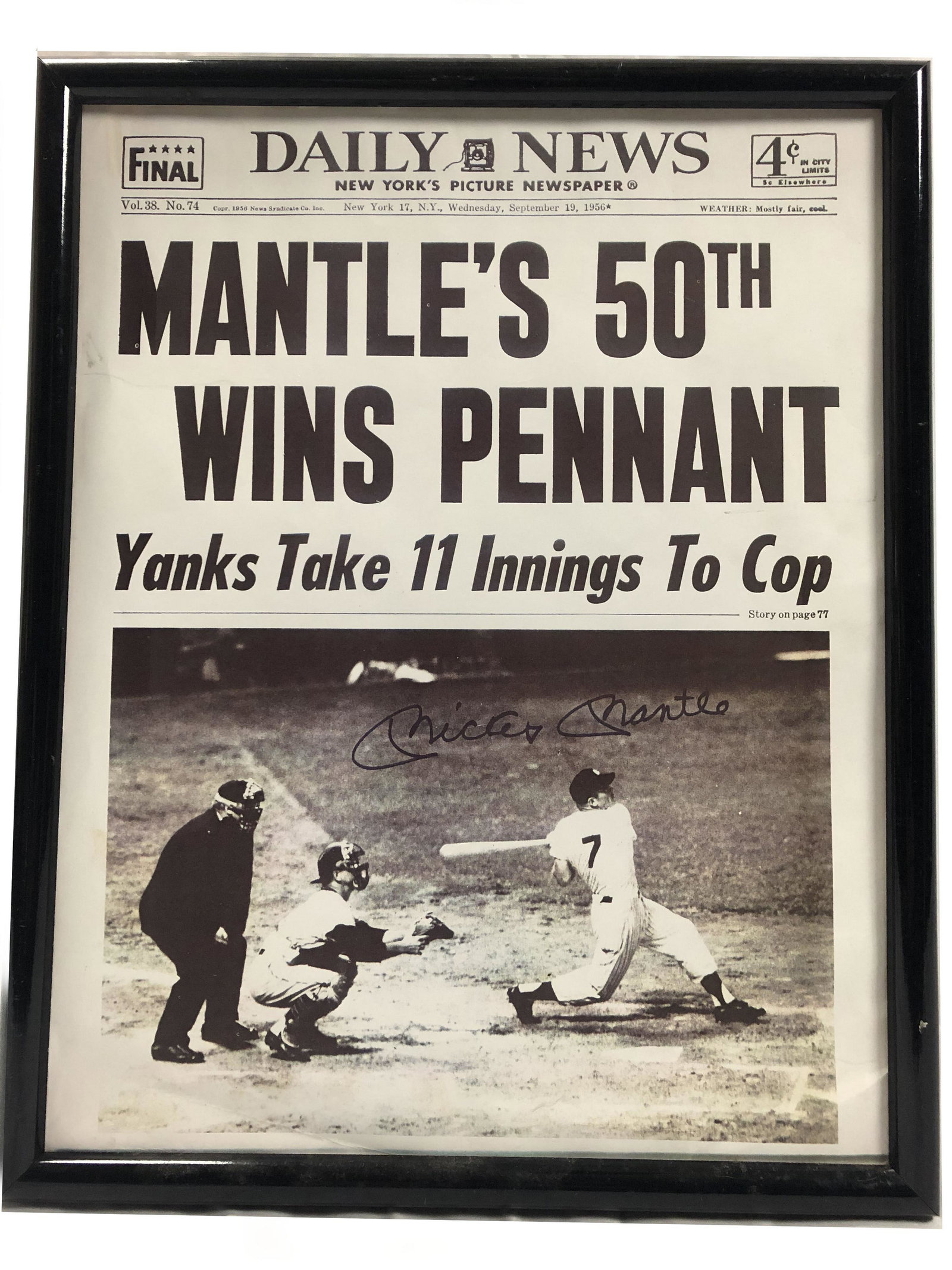 Daily News "Mantle's 50th Wins the Pennant": Daily News "Mantle's 50th Wins the Pennant"; Newspaper Cover (Sept 1956) Framed.