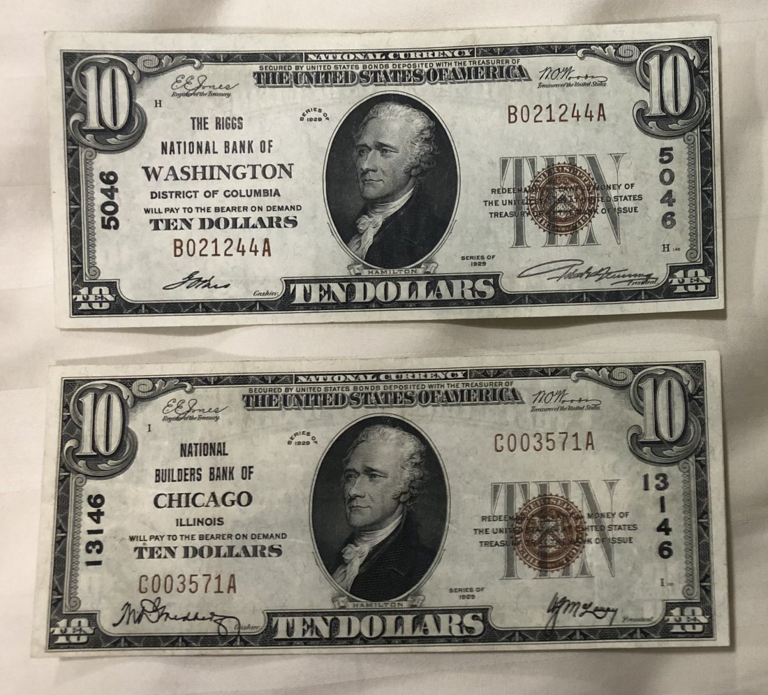 Red Seal Ten Dollar Bills 1929 X2: Red seal ten dollar bills from 1929 X2