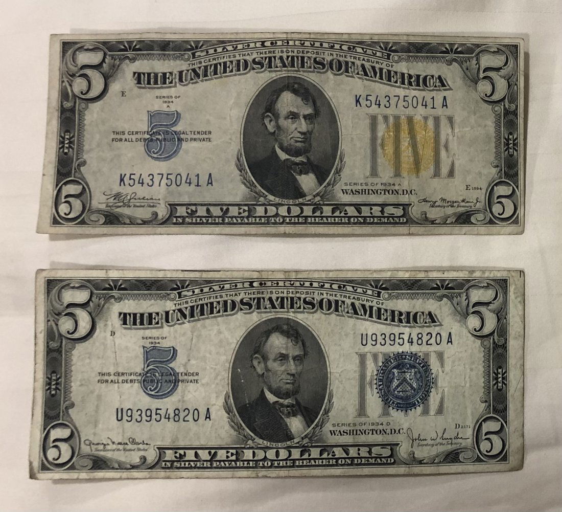 1934 Five Dollar Yellow & Blue Seal Silver Certificate (1 of 2)