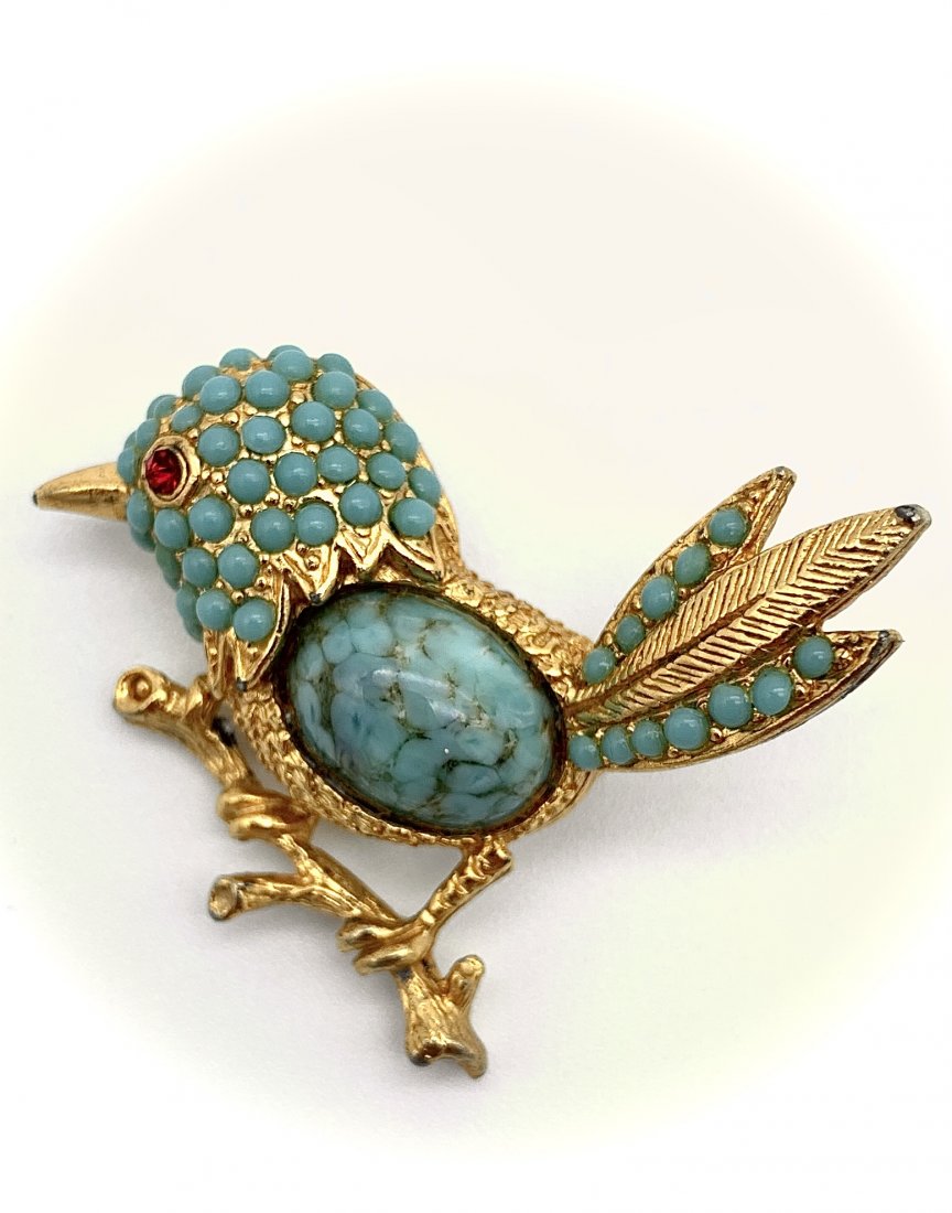 1960 Vintage 24k Gold w/ Turquoise/Ruby Bird Brooch Pin (1 of 2)