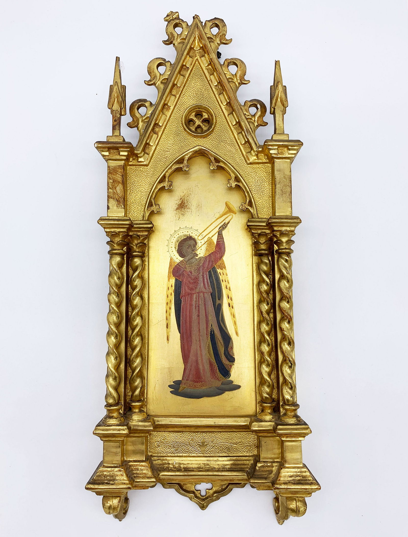 Signed Gilt Wood Religious Icon of St. Trumpeteer (1 of 3)