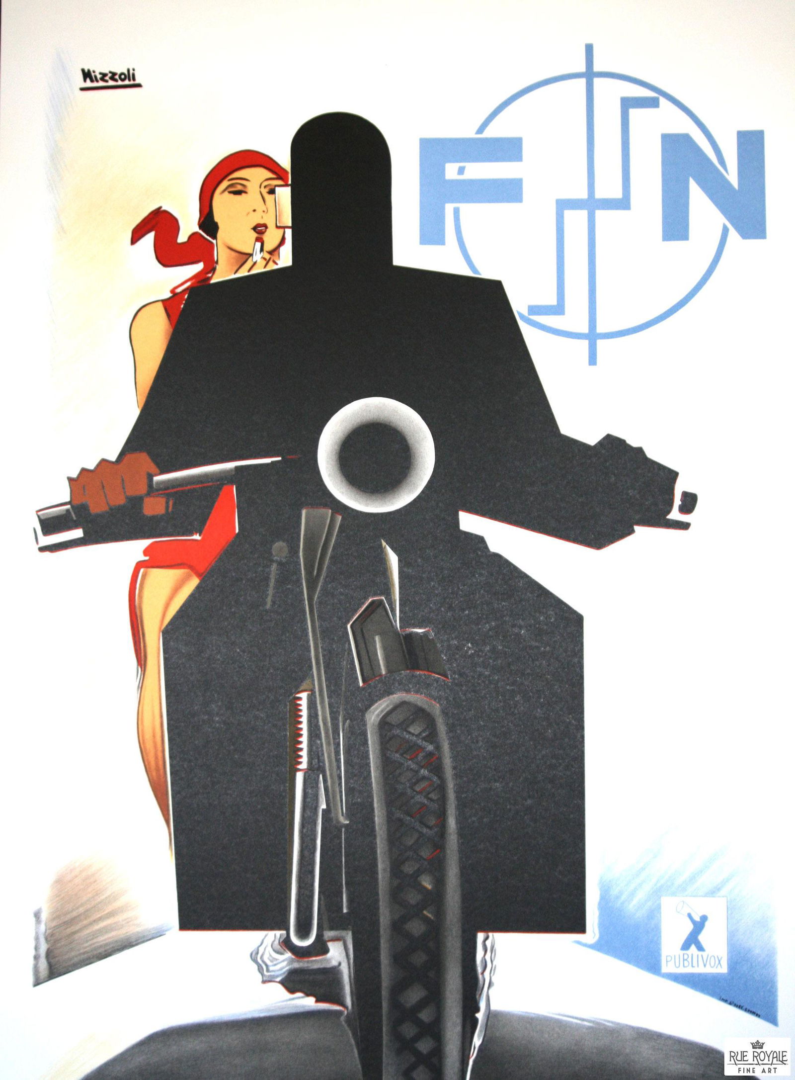Fabrique Nationale Motorcycle: Hand-pulled fine art lithograph. Sequentially numbered. Includes certificate of authenticity. Italian artist, architect, industrial and graphic designer, Marcello Nizzoli created the original poster i