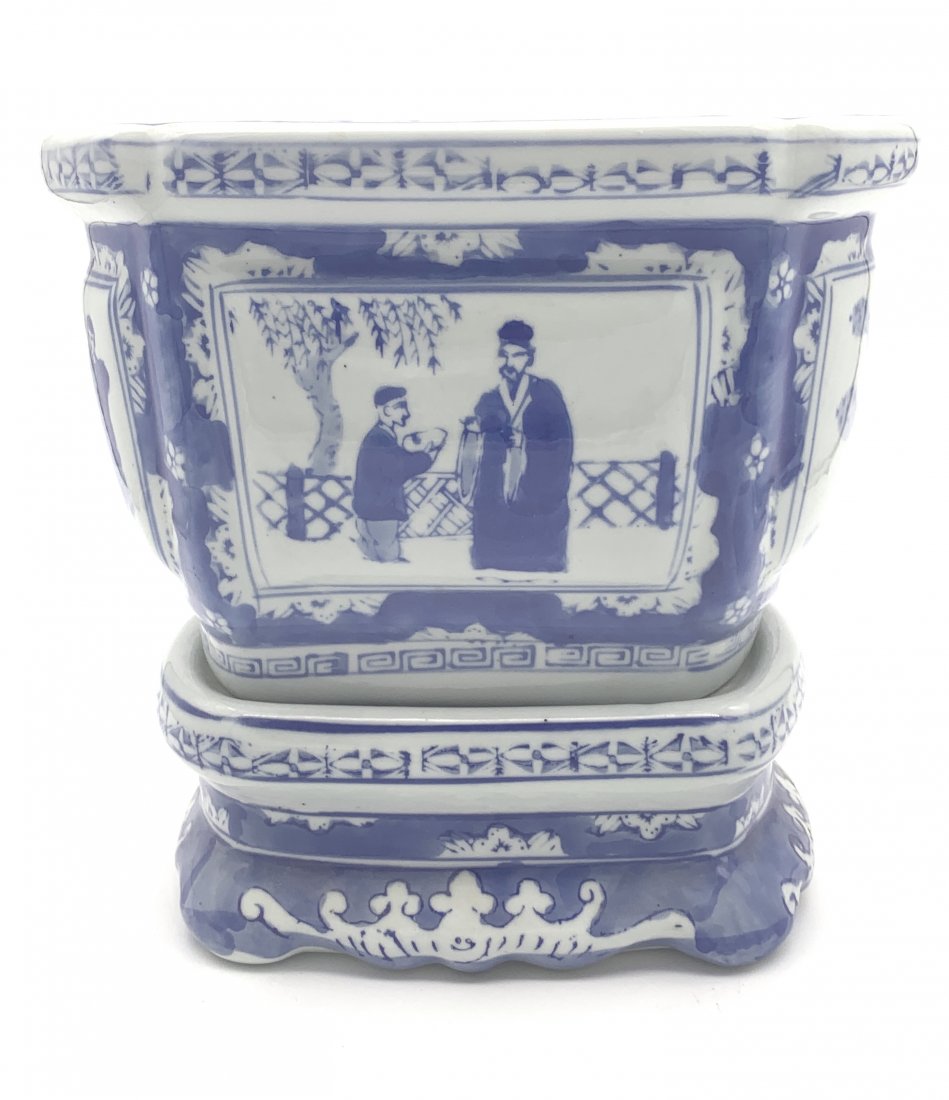 Hand Painted Blue/White Asian Pot w/ Base: Hand Painted Asian Pot and Base Blue and White. Measuring ~ 10Â”W x 6 1/2Â” H x 7Â”D. THIS LOT IS LOCATED AND SHIPPING FROM CORONA DEL MAR, CA.