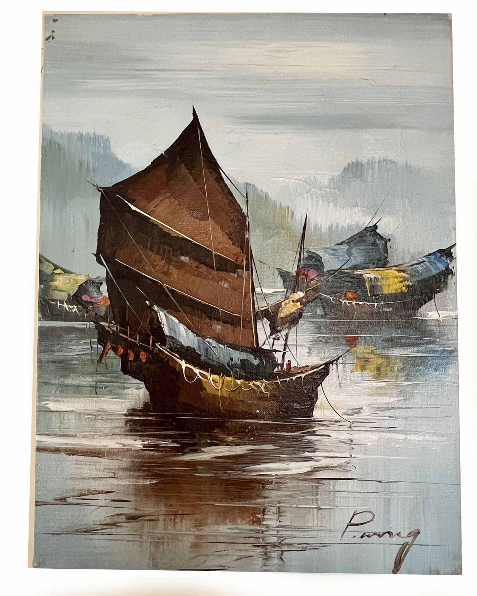 P. Wang "Boat Junk" Original Oil on Canvas (1 of 4)