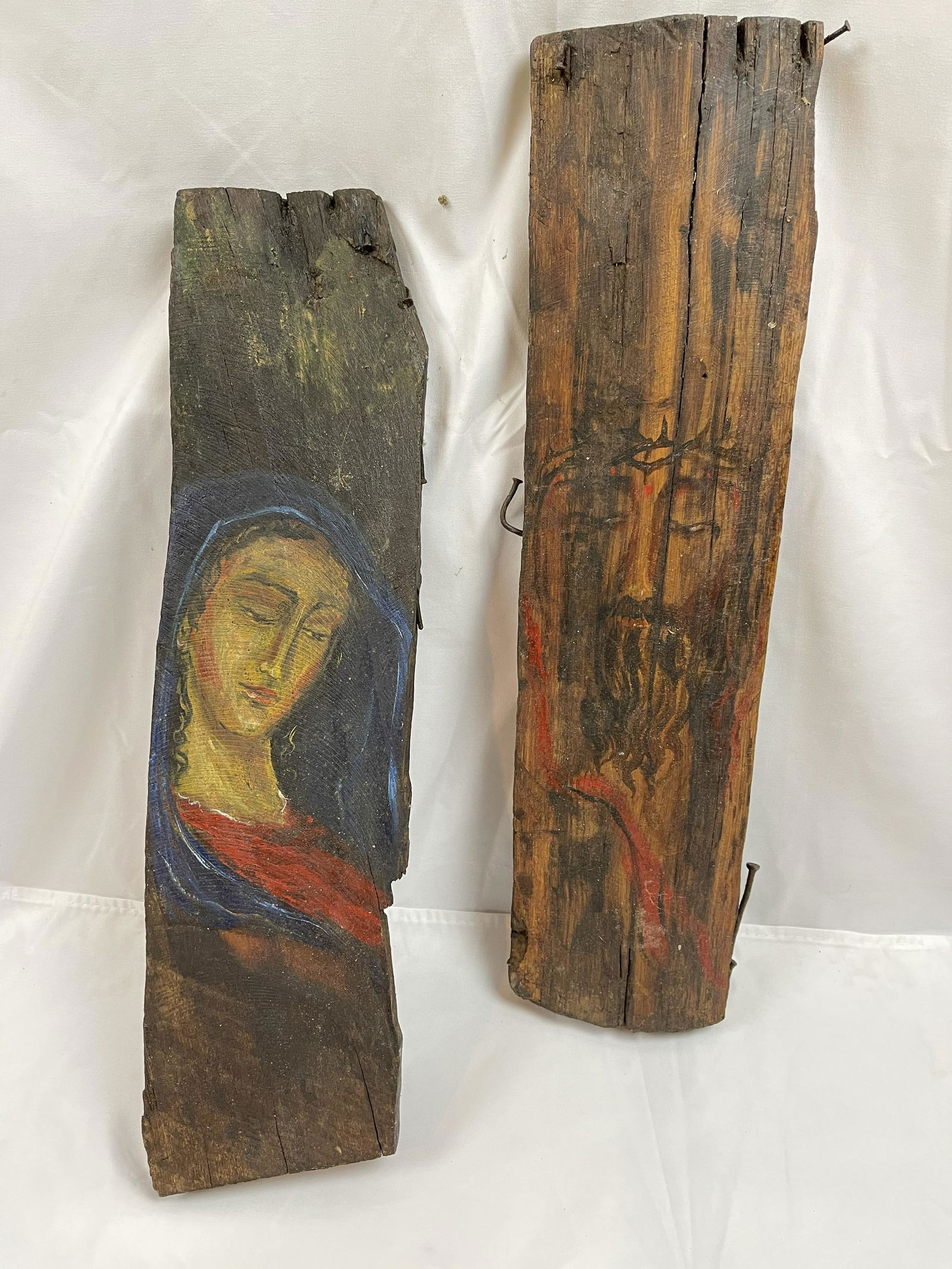 Pair of Religious figures painted on Wood Boards (1 of 2)