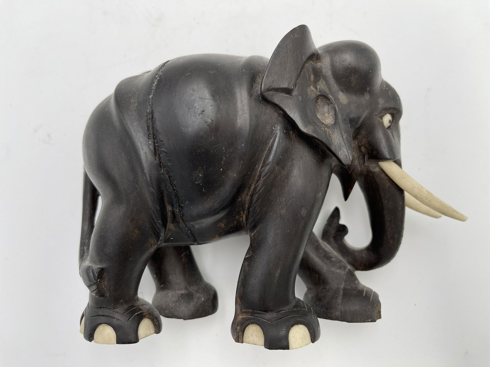 African Carved Elephant with Ivory Tusks 6" H x 4" W x (1 of 5)